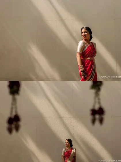 A diptych of a bride in a stunning red saree, playing with sunlight and shadows against a simple wall. The composition is both artistic and elegant.
