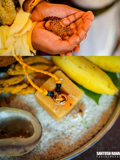 A collage of symbolic wedding details, including the sacred thread (thali) and other ritual items.