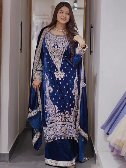 Regal, refined, and radiant. Make a majestic statement with this exquisite blue velvet suit set, tailored to perfection for modern royalty.