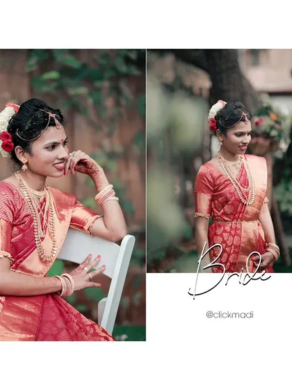 A collage of the bride's portraits, showing her in different poses in her beautiful red and gold wedding saree.