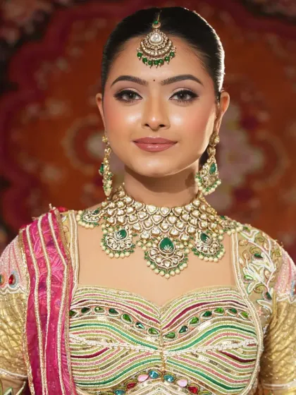 This is one of my most loved bridal sets, featuring a multi-colored lehenga with a stunning emerald and kundan jewellery set. The rich colors and detailed craftsmanship are perfect for a bride who wants a traditional and regal look.