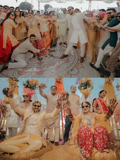 This collage is all about the fun and chaos of the Haldi ceremony. It shows the couple celebrating with their friends and family, capturing moments of pure, unscripted joy.
