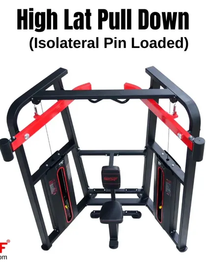 A rear view of the High Lat Pulldown machine, showcasing its sleek design.