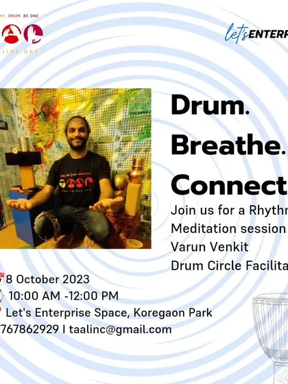 Another poster for our 'Drum. Breathe. Connect.' workshop. This session is designed to be a rhythmic meditation, helping participants connect with their inner rhythm in a vibrant, supportive group setting.