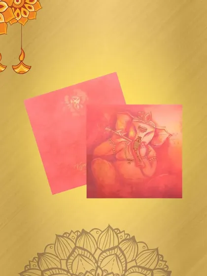 This red pastel wedding card features a painted Ganesha theme. It includes folding inserts and a box envelope, perfect for a vibrant and blessed celebration.