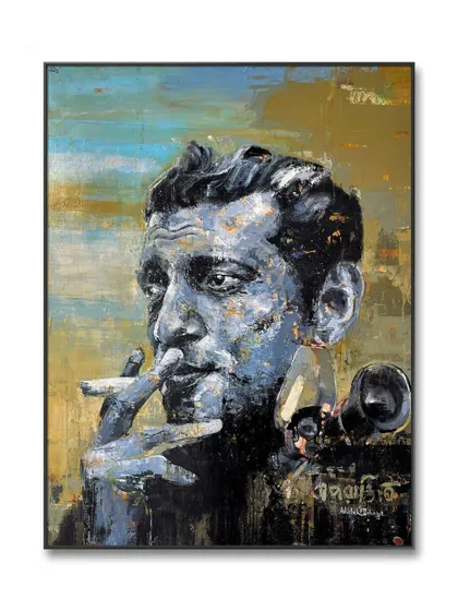 This framed version of my Satyajit Ray 'abstructure' piece shows how it looks as a finished artwork. It’s ready to bring a touch of cinematic history to your home.
