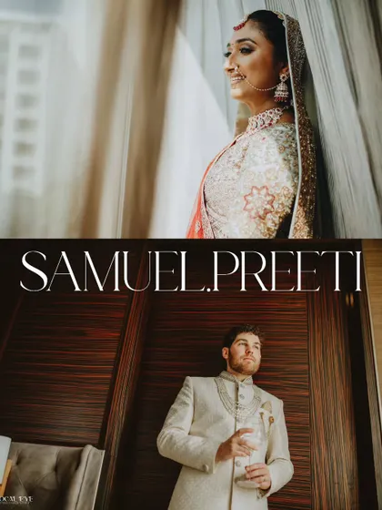 A stylish split portrait of Samuel and Preeti, showcasing the bride's traditional look and the groom's modern sherwani on their wedding day.
