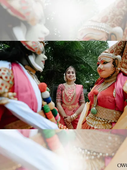 A unique bridal portrait with traditional performers, creating a vibrant and cultural image.