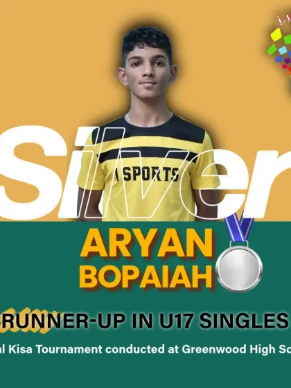 A graphic celebrating Aryan Bopaiah's silver medal win in the U17 Singles at the Zonal KISA Tournament held at Greenwood High School.