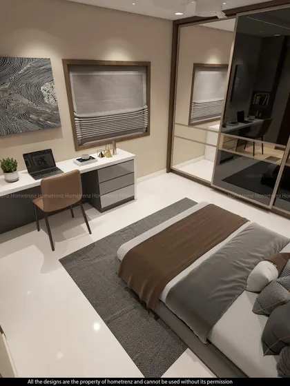 An overhead view of the guest bedroom, showing the efficient use of space with the desk and wardrobe placement.