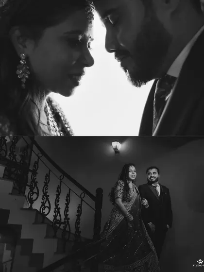 A creative black and white collage, capturing intimate and artistic moments between the couple.