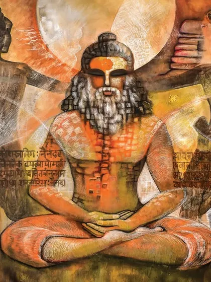 This large 36x48 inch acrylic on linen painting, 'INCARNATION-II', depicts a meditating sage. This original artwork has been sold.