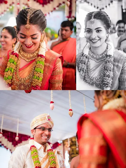 A collage showcasing the bride and groom's happy expressions during their wedding ceremony. We alternate between color and black and white to capture the mood perfectly.
