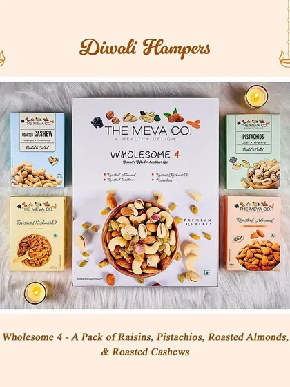 For a wholesome and healthy gift, we offer this premium dry fruit collection. It includes four varieties of roasted almonds, cashews, pistachios, and raisins, perfect for nutritious snacking during the festivities.