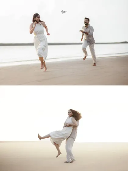 A dynamic set of photos showing Kunal and Darshita running and playing on the sand. These action shots capture their energetic and fun-loving connection.