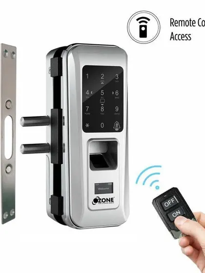 This image shows the remote control access feature for our glass door lock. Unlock your door from a distance with the simple press of a button, adding an extra layer of convenience.