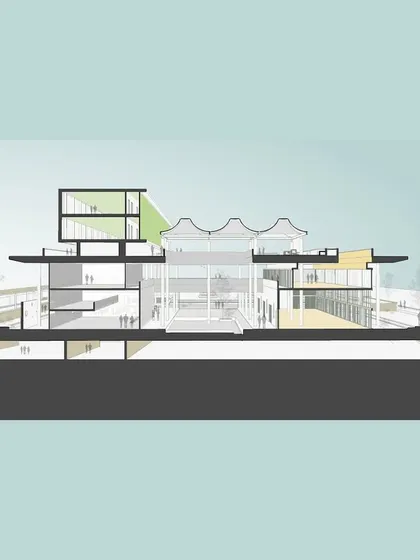 A full cross-section of the Pavilion, revealing the entire spatial strategy. The design includes a central courtyard, multi-level activity zones, and a distinctive tensile roof structure.