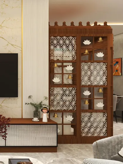 A 3D render of a proposed puja unit partition, showing an alternative CNC pattern and bell details.