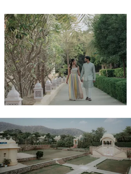 A collage showing the couple's romantic walk and the stunning, expansive view of their resort venue, setting the scene for their destination wedding.