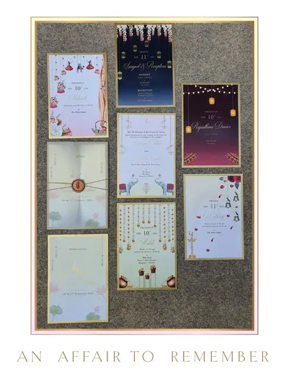 A collage showcasing the variety of event-themed cards we can design for a single wedding. This collection, titled 'An Affair to Remember', demonstrates how we create a unique look for each function while maintaining a cohesive style.