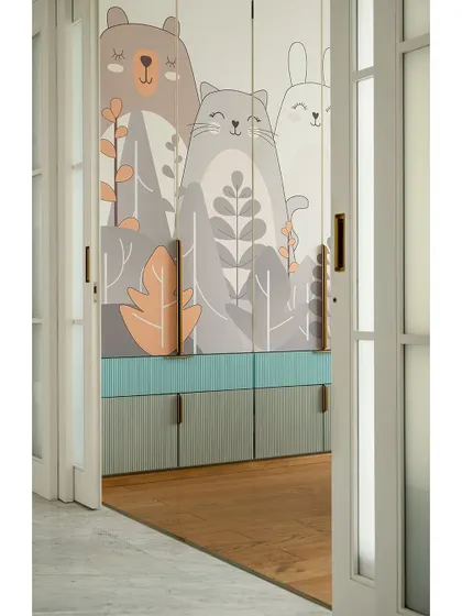 A peek into the kids' room through the doorway, revealing the charming hand-painted wardrobe. The soft tones and wooden accents create a warm and calming atmosphere.
