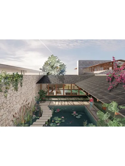 An aerial view of the summerhouse concept, revealing a tranquil water court with lotus flowers at the entrance. This feature creates a serene arrival experience and helps cool the surrounding spaces naturally.