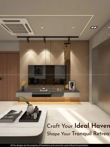 This living room design showcases a TV unit against a beige, textured wall with integrated track lighting. The floating console and clean lines contribute to a modern and tranquil retreat.