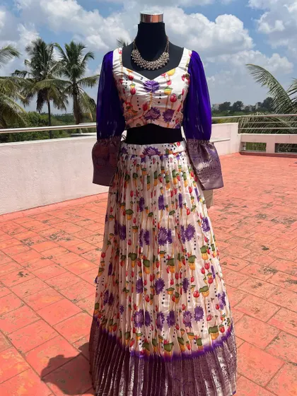 This design offers a unique twist on the floral lehenga.