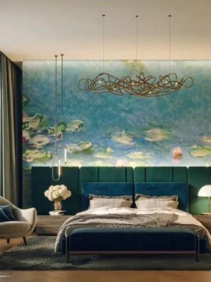 A luxurious bedroom design inspired by art. The deep green headboard and bench are set against a beautiful, mural-like wallpaper, creating a space that is both dramatic and serene.