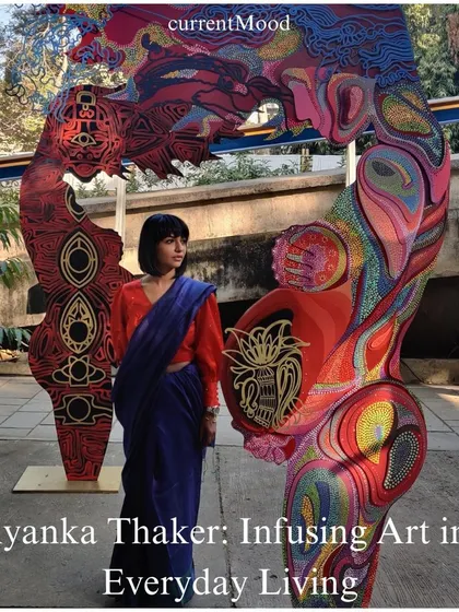 The cover of my feature in Current Mood magazine, "Infusing Art into Everyday Living," showing me with one of my colorful, large-scale sculptures.