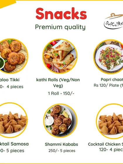 Our premium quality snacks menu, including Aloo Tikki, Kathi Rolls, Cocktail Samosas, and Shammi Kababs. Perfect for any party.