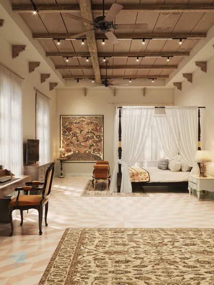 The master suite combines the romance of a four-poster bed with the richness of Indian textiles and art. The space is designed as a personal sanctuary, with a dedicated work area and ample natural light, all unified by the warm tones of wood and stone.