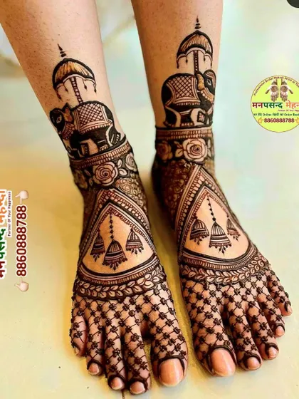 An elegant bridal foot mehndi design featuring decorated elephants and beautiful hanging jhumkis. The intricate net pattern on the toes and the detailed ankle design ensure your feet look just as stunning as your hands.