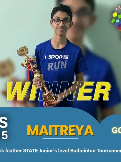 State Level Champion. Maitreya stands proud after clinching the Gold medal in Boys Singles U15 at the Black Feather State Junior's Badminton Tournament, a fantastic display of skill and focus.