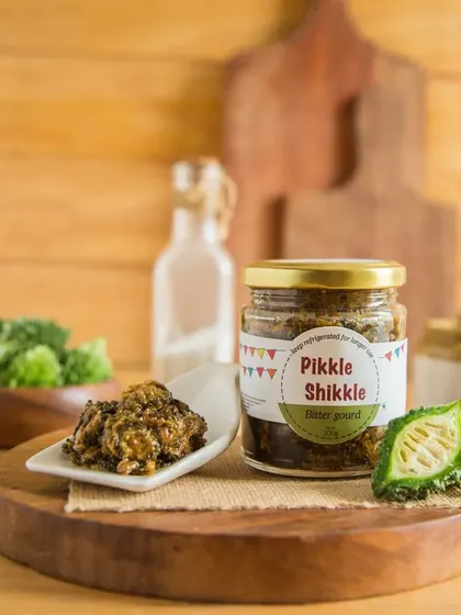 A jar of my unique Karela pickle. If you think you don't like bitter gourd, I guarantee this pickle will change your mind.