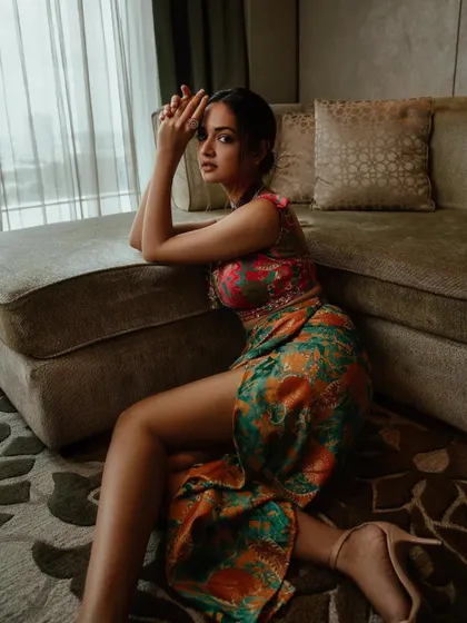 This shot captures the full silhouette and movement of the brocade co-ord set.