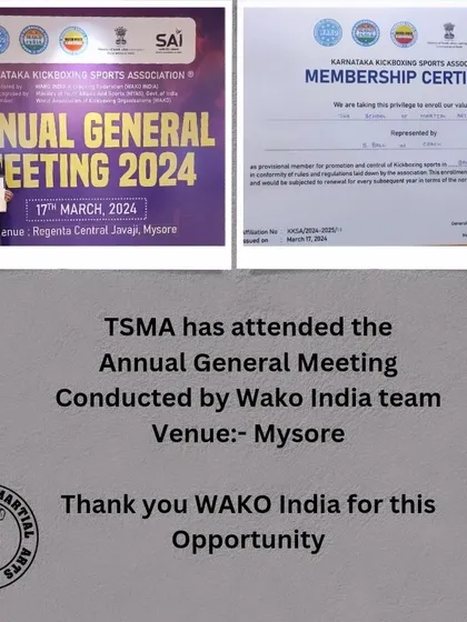We are proud to be an official member of the Karnataka Kickboxing Sports Association, affiliated with WAKO India. This image shows our attendance at the Annual General Meeting in Mysore.