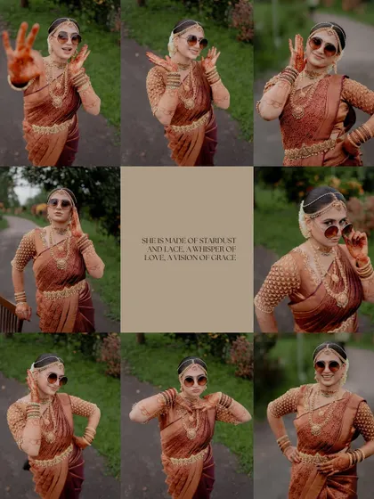 A fun and creative collage of the bride in her traditional attire, striking playful poses with sunglasses.