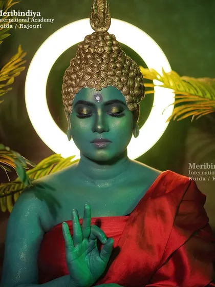 The ring light creates a halo effect, adding to the divine and peaceful mood of this creative makeup piece.