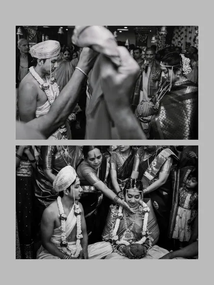 A collage of black and white images from a traditional wedding ceremony, highlighting the emotional depth and timeless nature of the rituals.