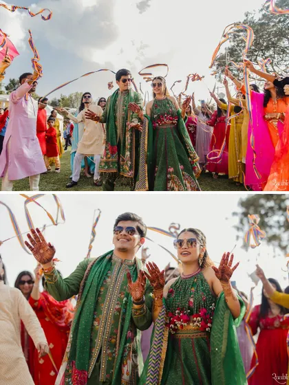 The couple's entry at their Haldi, with guests waving colorful ribbons. The energy was absolutely electric.