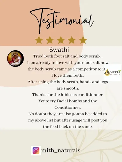A five-star review for my Foot Salt and Body Scrub. The customer loves them both and mentions how smooth her hands and legs feel after using the scrub.