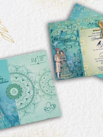 This version of the blue wedding invite features a mandala design and a bride and groom illustration, blending traditional art with a personal touch.