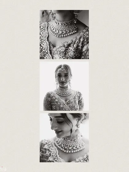 A black and white triptych showcasing the bride's stunning necklace and her expressive portraits.