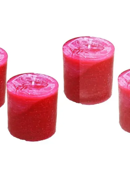 A set of four textured red pillar candles on a clean white background. This shows the product clearly for catalog purposes.