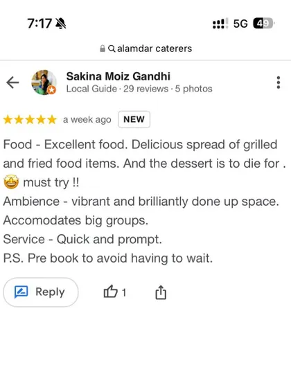 "Food - Excellent food. Delicious spread... Dessert is to die for." A fantastic review from a Google Local Guide.