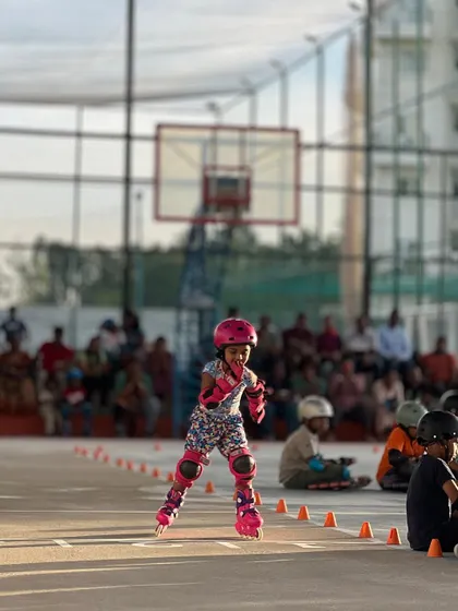 The basketball hoop in the background shows the versatility of our court, here set up for a major skating event.