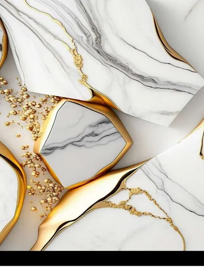 An abstract design of white and grey marble with gold accents. This 3D UV Marble sheet is perfect for adding a touch of modern luxury to your living room or office.