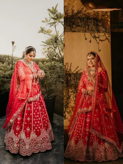 A diptych of the bride in her stunning red lehenga. These full-length portraits showcase the elegance of her wedding attire.