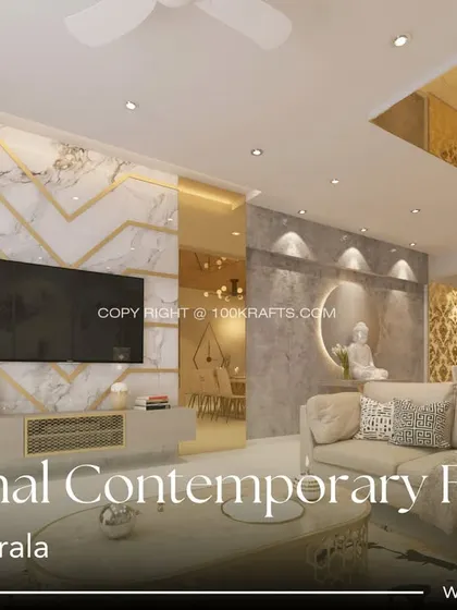 Our 'Traditional Contemporary Fusion' project in Cochin, featuring a marble and gold TV wall, mirrored panels, and serene Buddha decor.